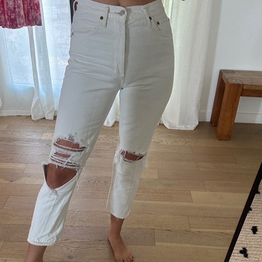 Agolde Riley White Distressed Ankle Jeans